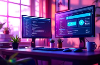 A developer's workspace with dual monitors showing Docker interfaces, colorful LEDs, and plants, in a cozy atmosphere.