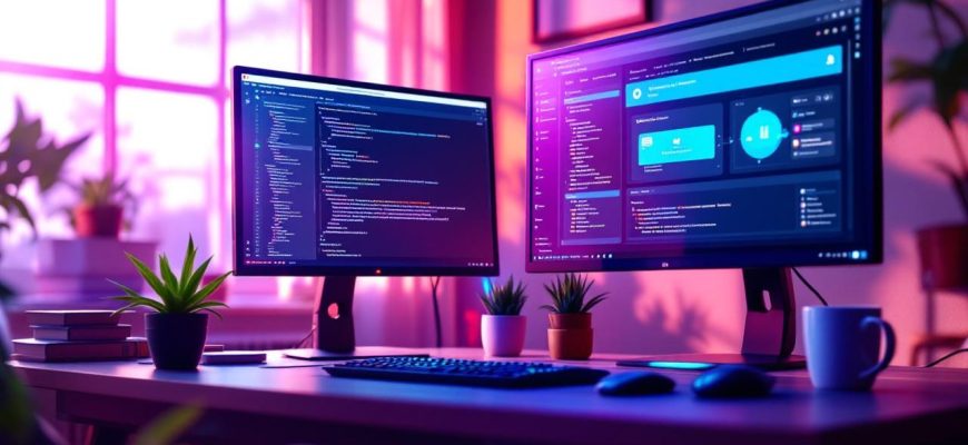 A developer's workspace with dual monitors showing Docker interfaces, colorful LEDs, and plants, in a cozy atmosphere.