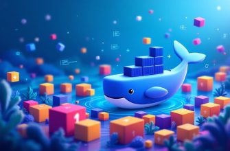 Ilustración colorida del concepto de Docker y Docker Compose con una ballena nadando entre cubos que representan contenedores.