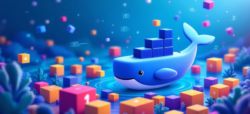 Ilustración colorida del concepto de Docker y Docker Compose con una ballena nadando entre cubos que representan contenedores.