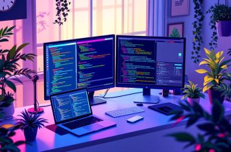Изображение современного рабочего места с двойными мониторами, где отображается установка ELK Stack 7 на Alma Linux 10.