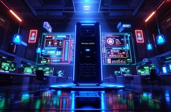 A futuristic server room featuring a Windows Server 2025 with advanced security technologies like RD Gateway and 2FA.