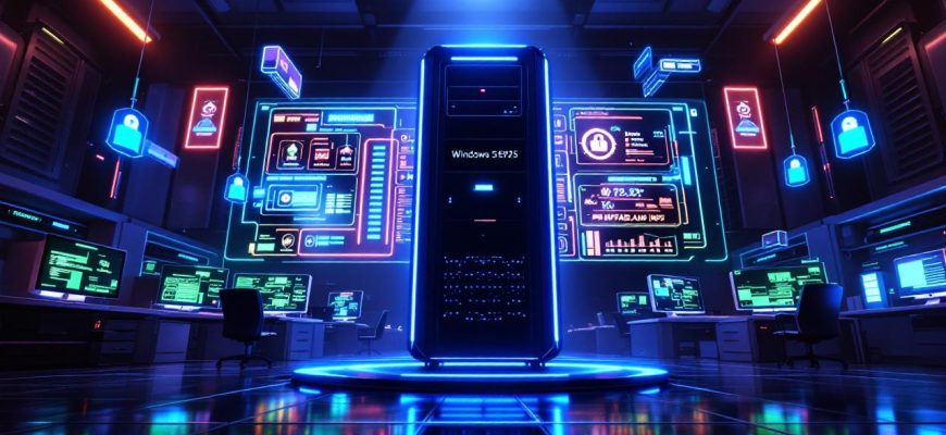A futuristic server room featuring a Windows Server 2025 with advanced security technologies like RD Gateway and 2FA.