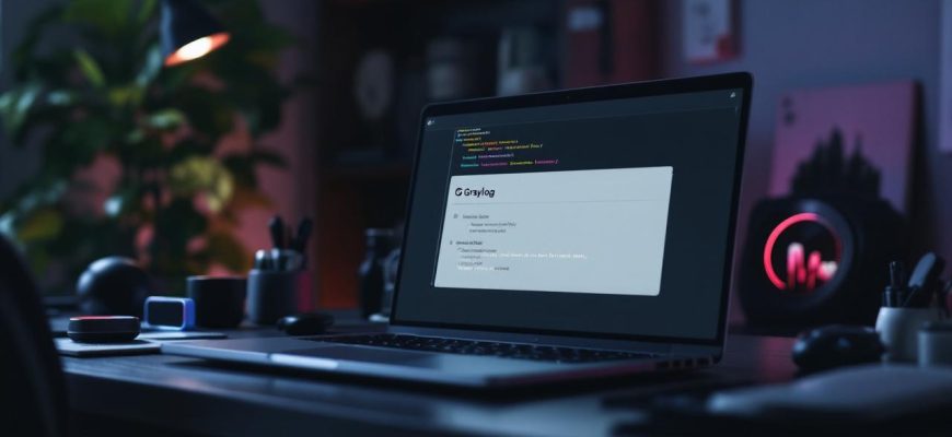Картинка показывает процесс установки Graylog на Ubuntu 24 на современном столе с ноутбуком и приятным освещением.