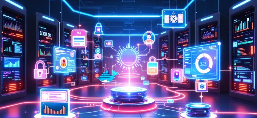 Сложная иллюстрация стек технологии Nginx Proxy Manager, Docker, CrowdSec, SSL, SELinux и AlmaLinux в высокотехнологичном окружении.