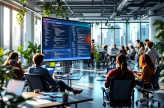 Un espacio de oficina futurista con desarrolladores colaborando sobre GitLab CE.