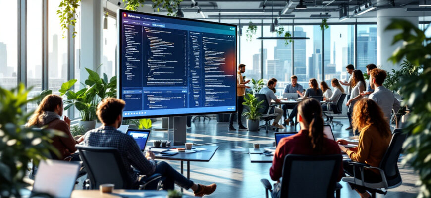 Un espacio de oficina futurista con desarrolladores colaborando sobre GitLab CE.
