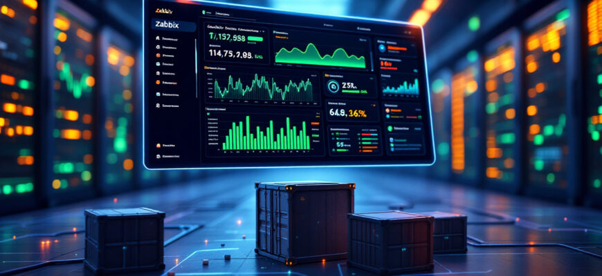 Zabbix monitoring in a Docker environment with a modern dashboard and containerized systems.
